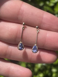 9ct Gold Pear Drop Tanzanite Exceptional Drop Earrings 1.1 Grams - Picture 1 of 7