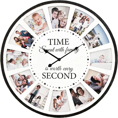 12 Photo Collage Family Quote Wood Wall Clock, Rustic Farmhouse Wall Clock, Larg - Image 1 of 4