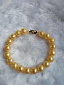 7.5-8" Stunning AAA 9-10mm real natural South sea gold round pearl bracelet 14k - Picture 1 of 7