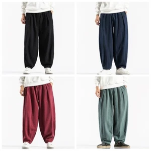 Men Linen Wide Leg Trousers Pants Plain Baggy Tapered Oversized Vintage New - Picture 1 of 16