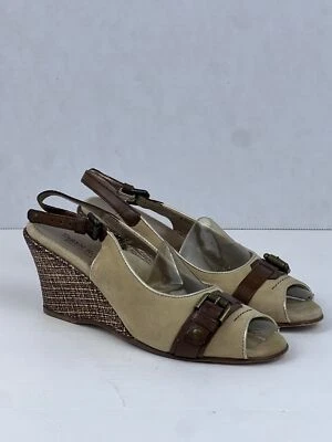 Taryn Roae Open Toe Slingback Sueda Gold Accents Wedge Heels Made in Italy - Image 1 of 4