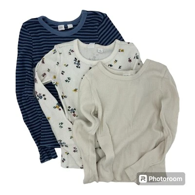 Gap Kids Girls Size Small Waffle Knit Fall Tops Set 3 Blue, Floral, Birch - Image 1 of 4