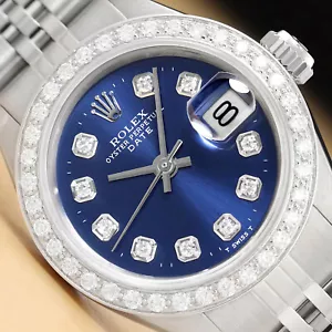 LADIES ROLEX DATE BLUE DIAL 18K WHITE GOLD DIAMOND& STAINLESS STEEL WATCH - Picture 1 of 7