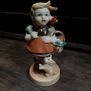 Child Flower Girl with Small Puppy Dog Antique Figure Mid-Century Japan Vintage - Picture 1 of 7