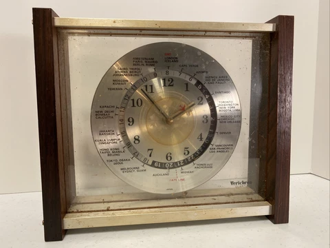 Vintage MCM Verichron Quartz GMT World Mantel Desk Clock Red Airplane Hand Japan Cover