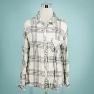 Rails Size Large L White Black Plaid Collared Button Front Down Long Sleeve Top - Picture 1 of 6