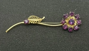Vintage Purple Prong Set Rhinestone Long Stem Flower 4" Brooch Gold Tone - Picture 1 of 5
