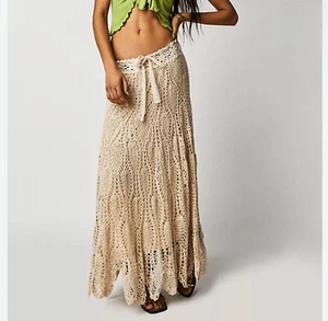 Free People Gardenia Maxi Skirt Crochet Medium Cream Lined Drawstring Flowy Knit - Picture 1 of 16
