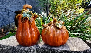Pair of Vtg. Style Deep Orange Ceramic Pumpkins/Gourds with Leaves and Vines - Picture 1 of 14