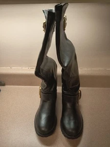 Women Boots Tall Riding Fashion Boots Buckle Wedge Black Size 6 - Picture 1 of 6