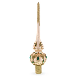Gold Scrolls Emerald Green Jewels on Pearl White Glass Tree Topper 11 Inches - Picture 1 of 4