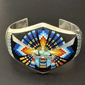 Vintage Indianer Südwesten Sterling Multi Stein Inlay Manschette Armband - Bild 1 von 23