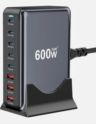 Bloco carregador USB C GaN III Pro rápido 600W, estação de carregamento de 8 portas, duplo 140W PD3.1 - Imagem 1 de 4