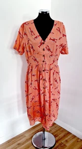 Joanie coral lobster print shirt dress size 16 v neck pockets pure cotton midi - Picture 1 of 9