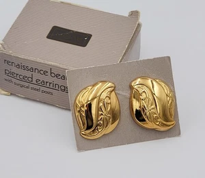 Vtg 1987 AVON "Renaissance Beauty Swirl" Pierced Earrings NOS NIB Gold Tone New - Picture 1 of 5