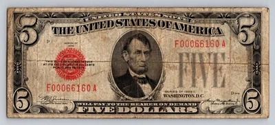 1928 5 dólares selo vermelho nota de US$ 5 série C EUA cinco notas papel moeda - Imagem 1 de 2