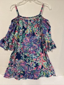 Lilly Pulitzer XL 12 14 Girls Indigo Exotic Escapade Jaci Off The Shoulder Dress - Picture 1 of 4