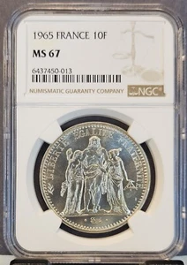 1965 FRANCE SILVER 10 FRANCS HERCULES NGC MS 67 GEM BU SCARCE HIGH GRADE - Picture 1 of 3