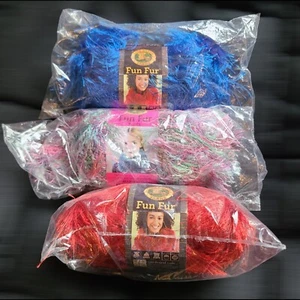 (Lot of 3) Lion Bran Fun Fur Yarn Blue Red Pink Green Cobalt Tropical 50g & 40g - Picture 1 of 8
