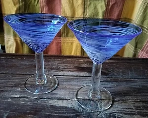 Blue Martini Glass w/ White Spiral Clear Stem, Lot of 2, 6.5" - Picture 1 of 6