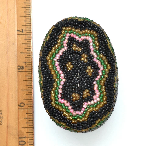 Vintage Beaded Woven Basket Box From Bali, Black with green, pink & gold accent Cover