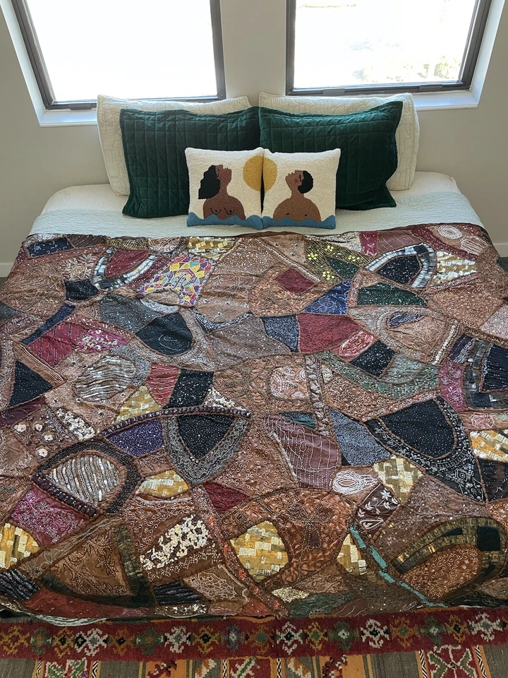 Bronze Sari Patchwork Beaded Bedding Bohemian Wall Hanging Tapestry Bedspread  - Image 1 of 4