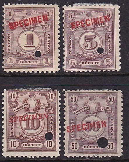 PERÚ 1909 Franqueo debido juego optd ESPECIMEN en rojo + agujero perforador de seguridad........7940 Foto 1 de 1