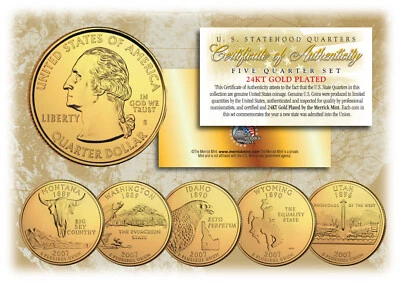 2007 GOLD 24K Clad U.S Mint State Quarters Complete Set of 5 Coins with Capsules - Image 1 of 3