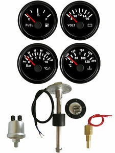 52mm 4 Gauge Set with Sender Fuel Level Gauge Water Temp Volt Oil Pressure Black - Picture 1 of 6