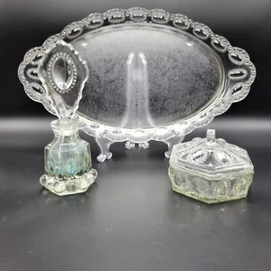 Vintage MCM LE Smith Clear Glass Beaded Medallion 5 Piece Vanity Set AS IS - Picture 1 of 24
