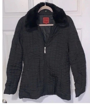 Chaqueta acolchada negra COLE HAAN con cuello de piel sintética extraíble M Foto 1 de 4