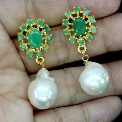 Pendientes de plata de ley 925 esmeralda ovalada 8x6 mm perlas piedras preciosas naturales joyería Foto 1 de 4