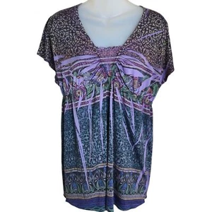 One World Womens Boho Top Small Shirt Floral Varigated V Neck Stretch Ruching - Picture 1 of 8