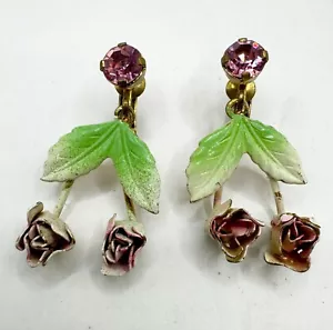 Vintage Clip On Earrings Austria Crystals Flower Pink Green Leaves Gold Tone - Picture 1 of 5