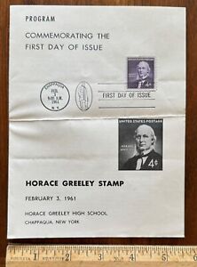 Vintage 1961 Programm zum Gedenken an die Ausgabe des ersten Tages Horace Greeley Briefmarke Chappaqua NY