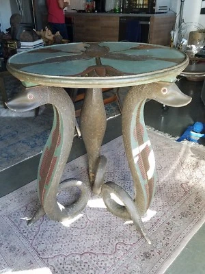 AMAZING ANTIQUE CARVED  BLACK FOREST GERMAN PAINTED WOOD SERPENT / SNAKE TABLE  - Image 1 of 4