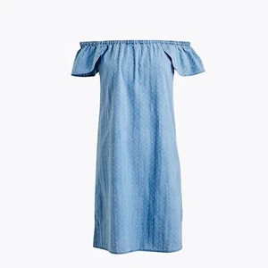 J Crew Women's Sz 6 Indigo Dobby Off-the-Shoulder Ruffle Sleeves Short Dress - Picture 1 of 6