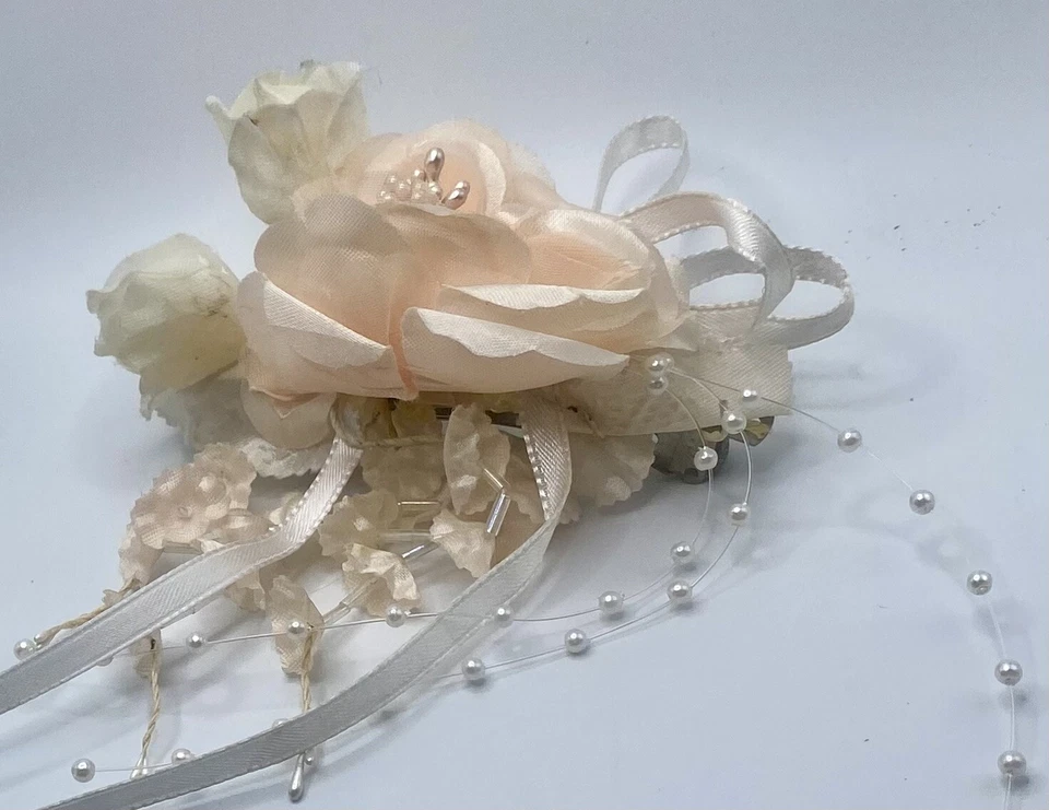 White Peach Silk Rose Flower Barrette Clip Beads Ribbon Bridal Party Prom Easter - Image 1 of 4