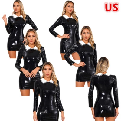Mini vestido para mujer de látex de imitación de cuero ceñido al cuerpo cuello satinado lencería de club nocturno Foto 1 de 4