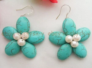6-7mm White Pearl 13x18mm Oval Turquoise Gems Flower Dangle Silver Hook Earrings - Picture 1 of 5