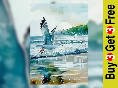 Graciosa impresión de vuelo de gaviota de 5"x7" en papel mate | Arte de acuarela costera Foto 1 de 4