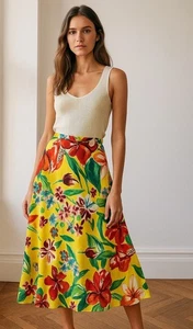 Ralph Lauren Purple Label Skirt Women Size 6 Floral Silk Yellow Multicolor Lined - Picture 1 of 13