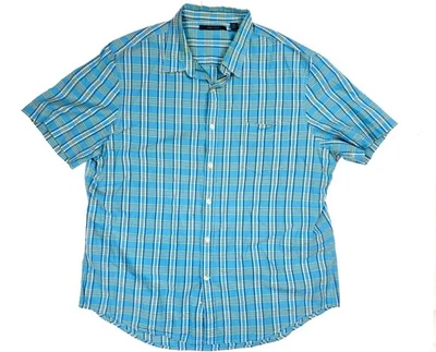 Perry Ellis Blue Green Check Button Short Sleeve Cotton Shirt Men's Size 2XL - Image 1 of 4