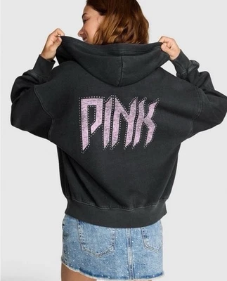 VICTORIA SECRET ROSA SUDADERA CON CAPUCHA cremallera estrás banda negra bling desfile de moda 2025 xs Foto 1 de 2