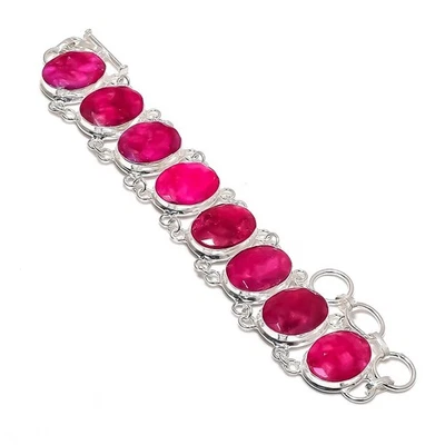 Ruby(Simulated) Gemstone Handmade 925 Sterling Silver Bracelet 7-8" w337 - Image 1 of 3