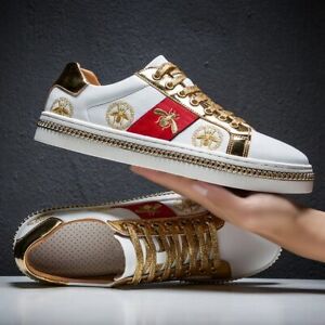 Men's Casual Shoes Men White Skate Sneakers Leather Golden Luxury Embroidery
