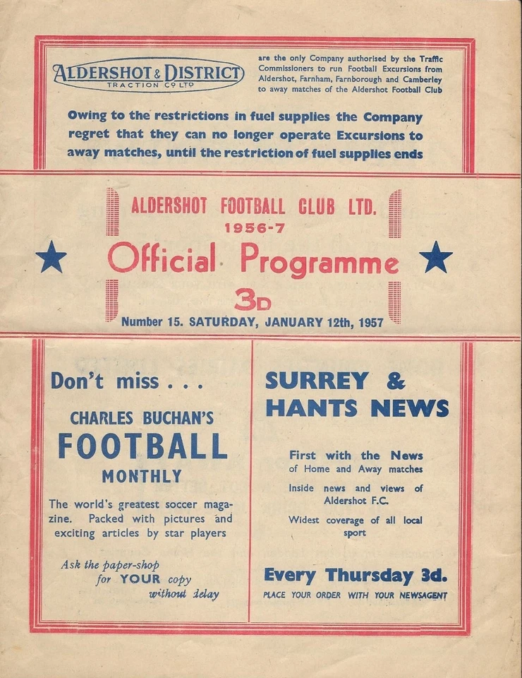 Aldershot v Watford. Division 3. 1956-1957 - Image 1 of 1