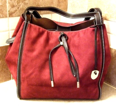 Burgundy Suede & Brown Genuine Leather Dual Handle Purse by London Fog - NWOT - Image 1 of 4