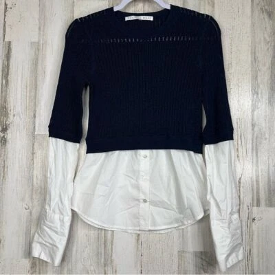 Veronica Beard Kaley Mixed Media Pullover Sweater Navy White - Image 1 of 4