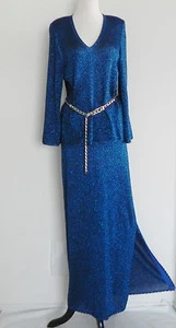 Aki Knits 2pc Metallic Blue Long Sleeve Top Pencil/Maxi Skirt/Slit Size 10 - Picture 1 of 7